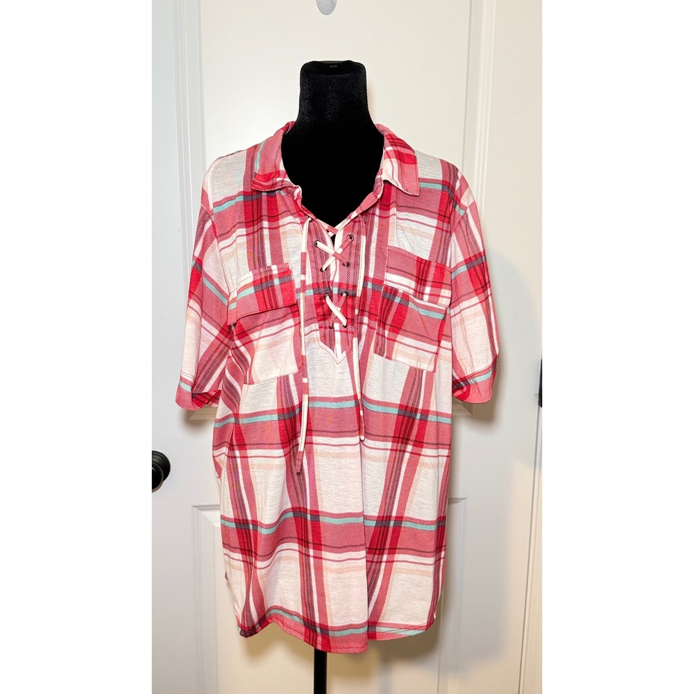 New York Laundry Womens 2X Red Plaid Lace Up V-Neck Short Sleeve Blouse Top